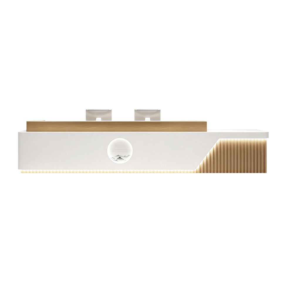 Elegant Reception Desk with Marble-look Finish, LED Lighting, Right-angle Design & Spacious Storage Cabinet for Salon & Retail Spaces (59–197 in. L)