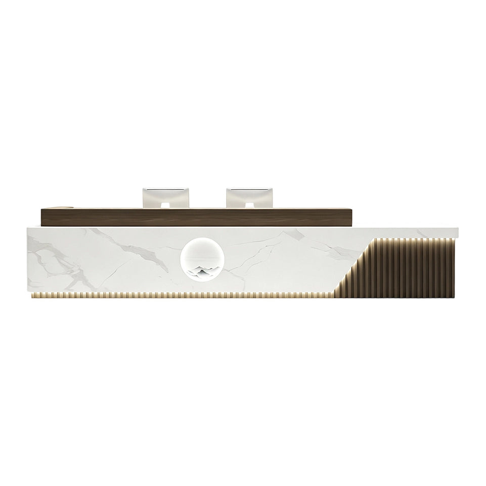 Elegant Reception Desk with Marble-look Finish, LED Lighting, Right-angle Design & Spacious Storage Cabinet for Salon & Retail Spaces (59–197 in. L)