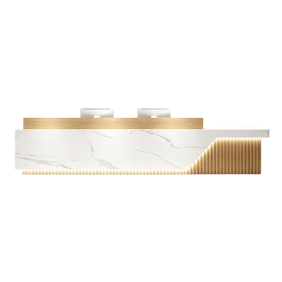 Elegant Reception Desk with Marble-look Finish, LED Lighting, Right-angle Design & Spacious Storage Cabinet for Salon & Retail Spaces (59–197 in. L)