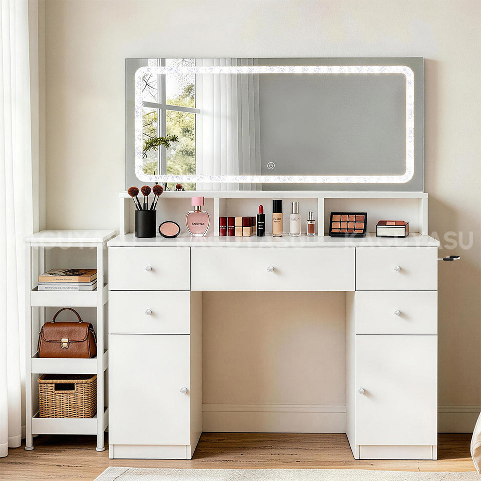 File Cabinet 55 in Tall with LED Mirror, File Drawers & Built-In Outlets for Office