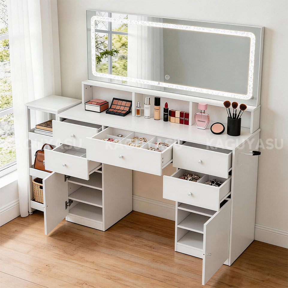 File Cabinet 55 in Tall with LED Mirror, File Drawers & Built-In Outlets for Office