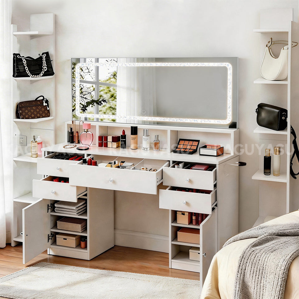 File Cabinet 55 in Tall with LED Mirror, File Drawers & Built-In Outlets for Office
