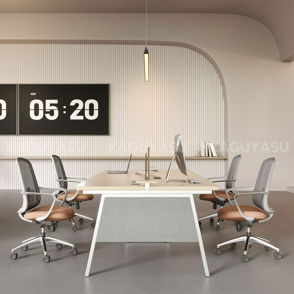 Professional 110" L 4-person Office Workstation Desk with Multifunctional Cable Box, Fabric Privacy Panels & Reinforced Fabric Panel Legs for Collaborative Workspaces