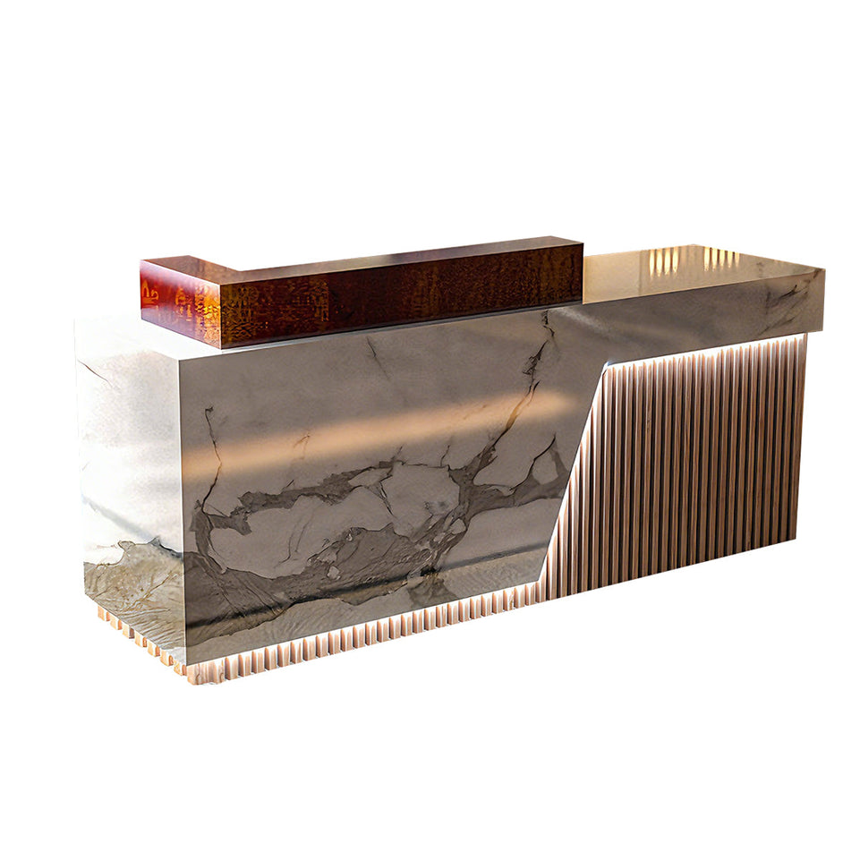 Executive Reception Desk – Black Marble & Fluted Wood with LED Accents JDT-780