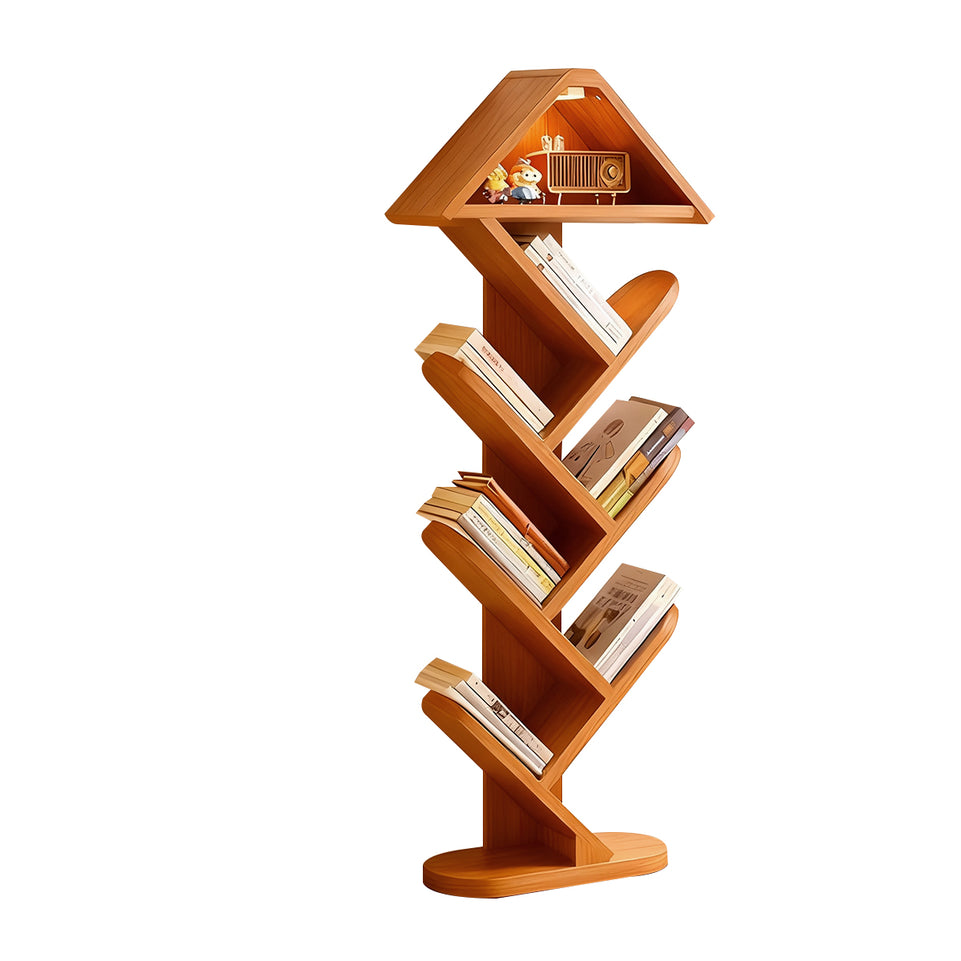 Elegant Solid Wood Tree-Shaped Bookshelf, Floor-Standing Corner Storage Rack, Slim Design, Wall-Aligned Modern Living Room Organizer CWG-2180
