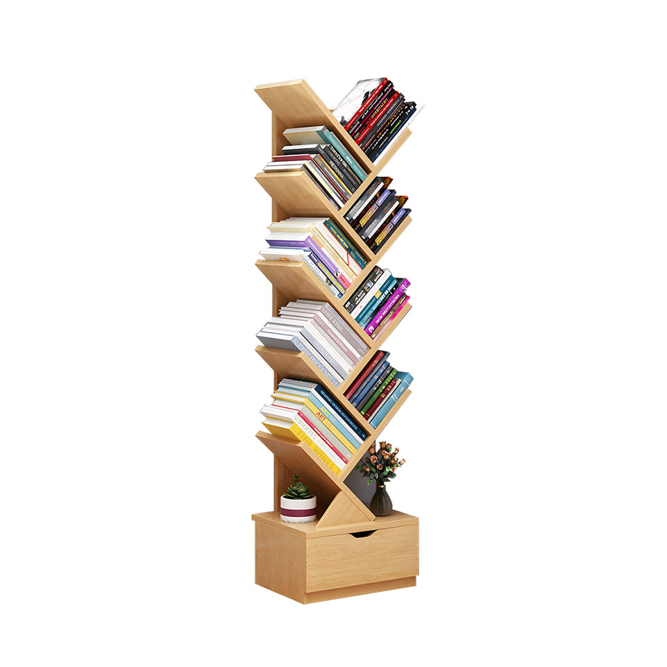 Compact Tree-Shaped Wooden Bookshelf with Vertical Storage, Wall-Aligned, Small Living Room Book Cabinet with Closed Door and Reinforced Support CWG-2181