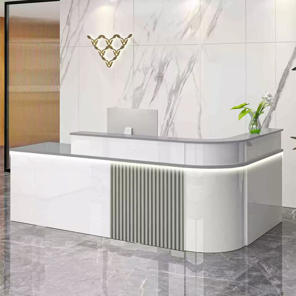 Sophisticated Reception Desk with Dual-level Countertop, Rounded Corners, Silent Keyboard Tray & Lockable Storage Cabinet for Education & Salon Spaces (47-157" L)