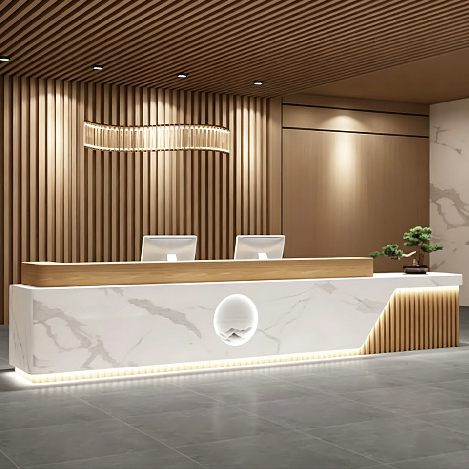 Elegant Reception Desk with Marble-look Finish, LED Lighting, Right-angle Design & Spacious Storage Cabinet for Salon & Retail Spaces (59–197 in. L)