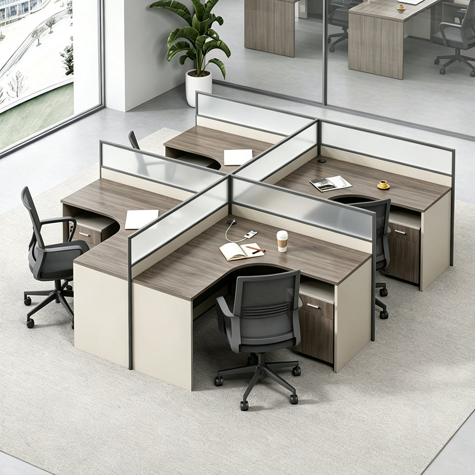 Modern Office Desk with 1" Thick Desktop, Frosted Privacy Panel, Integrated Cable Management & Mobile Storage Cabinet for Professional Workspaces