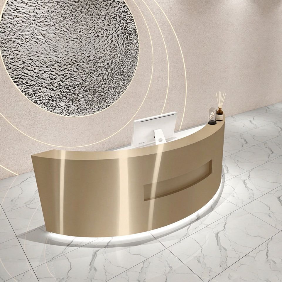 Premium Stainless Steel Reception Desk with Dual-level Countertop, Lockable Storage Cabinets, Silent Keyboard Tray & Vintage Drawer Handles for Modern Commercial Spaces