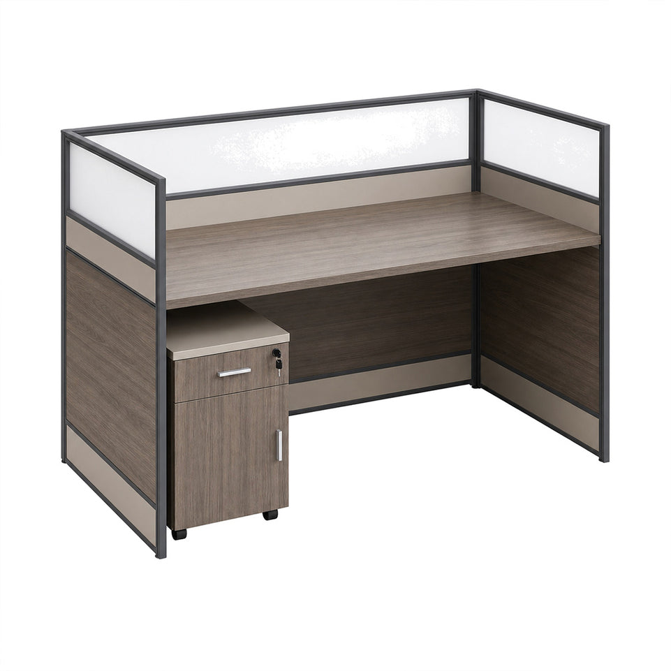 Modern Office Workstation Desk with 1" Thick Desktop, Frosted Privacy Panel, USB Ports & Mobile Pedestal Storage Cabinet