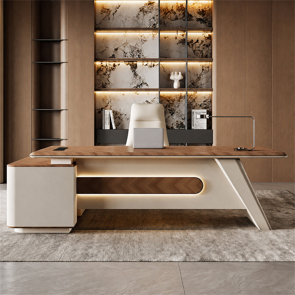 Refined 71"–102" L Executive Desk with Dual Desktop Options, Hidden Multimedia Outlet, Curved Privacy Panel & Lockable Storage Cabinet for Professional Offices