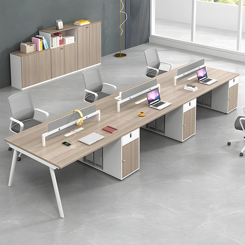 Modern Office Workstation Desk with Fabric Acoustic Privacy Panel, Adjustable Leveling Feet, Built-in Power Outlets & Large Storage Cabinet for 4–6 Person Workspaces