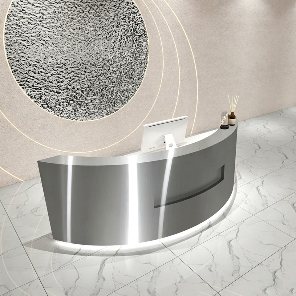 Premium Stainless Steel Reception Desk with Dual-level Countertop, Lockable Storage Cabinets, Silent Keyboard Tray & Vintage Drawer Handles for Modern Commercial Spaces