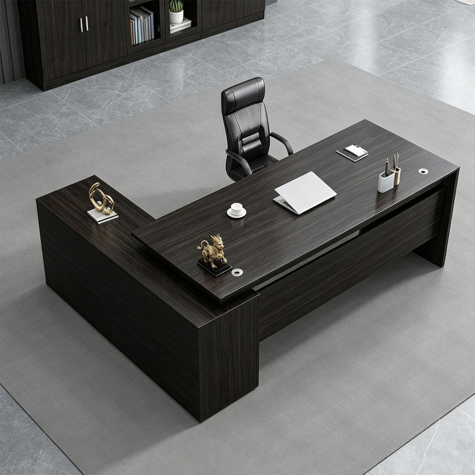 Elegant 55"–79" L Executive Desk with Thick Durable Desktop, Precision Edge Banding, Smart Cable Management, Large Storage Cabinet for Professional Offices