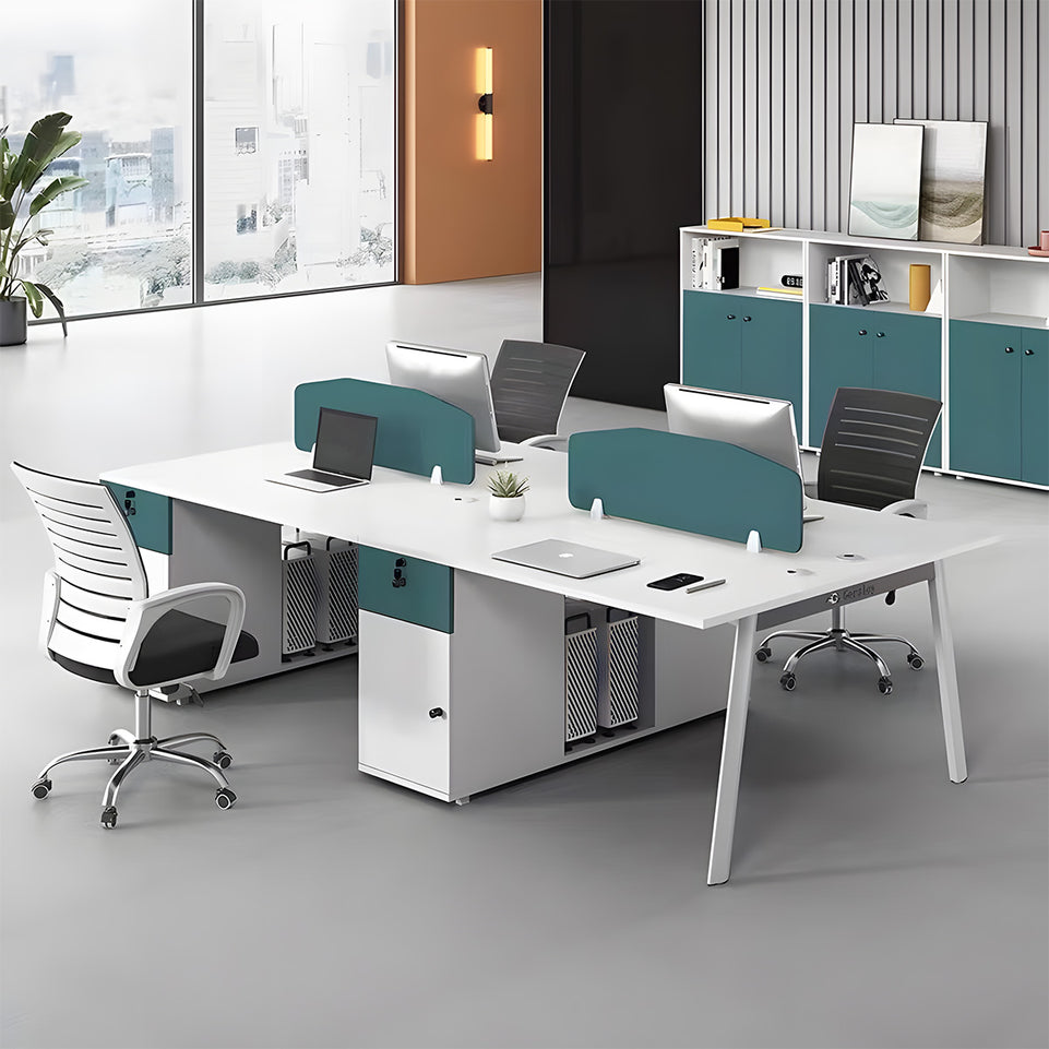 Modular Four-person Office Workstation Desk with Privacy Panel, Hidden Cable Management & Lockable Storage Cabinet for Team Workspaces