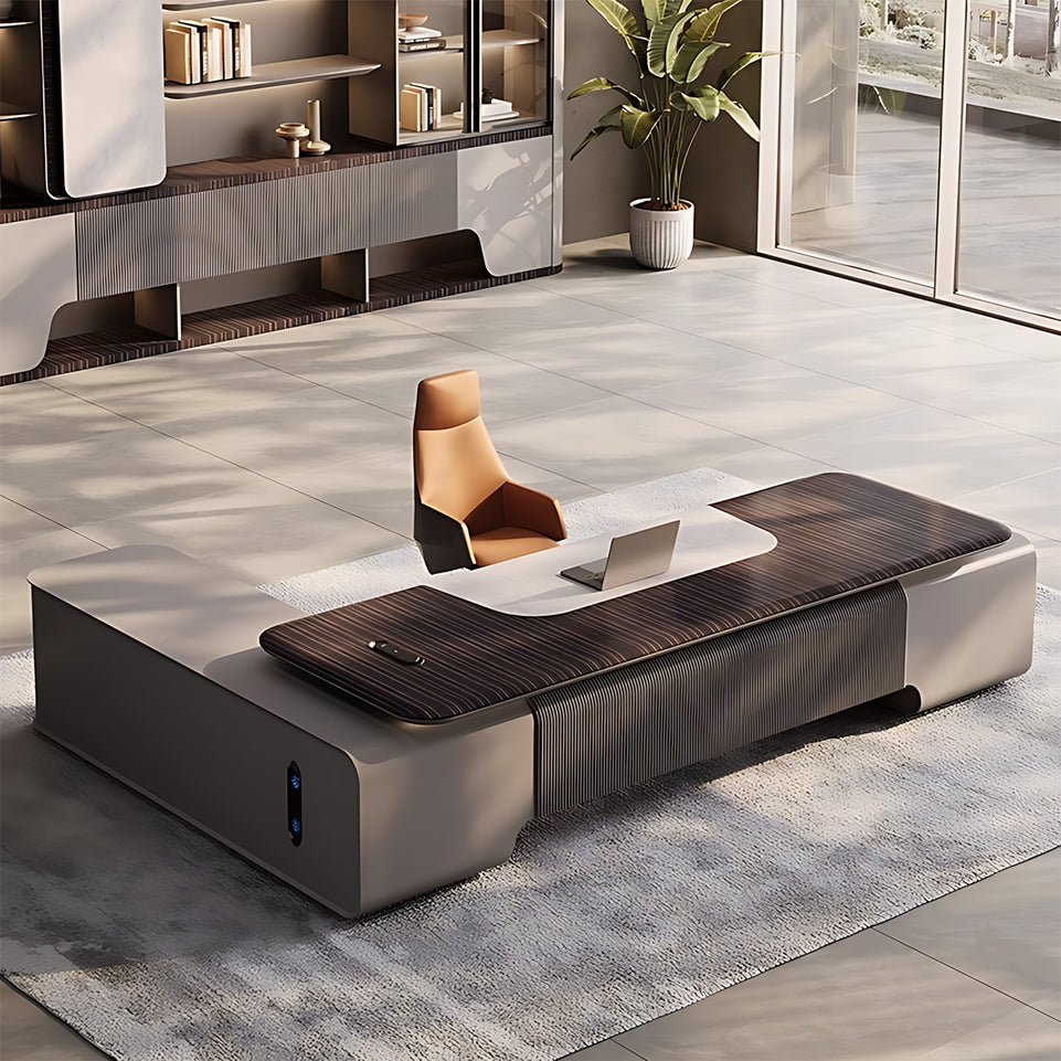 Modern 94"–138" L Executive Desk with Eco-friendly Material, Hidden Rotating Power Outlet, Dual-side Lockable Storage Cabinets for Executive Offices
