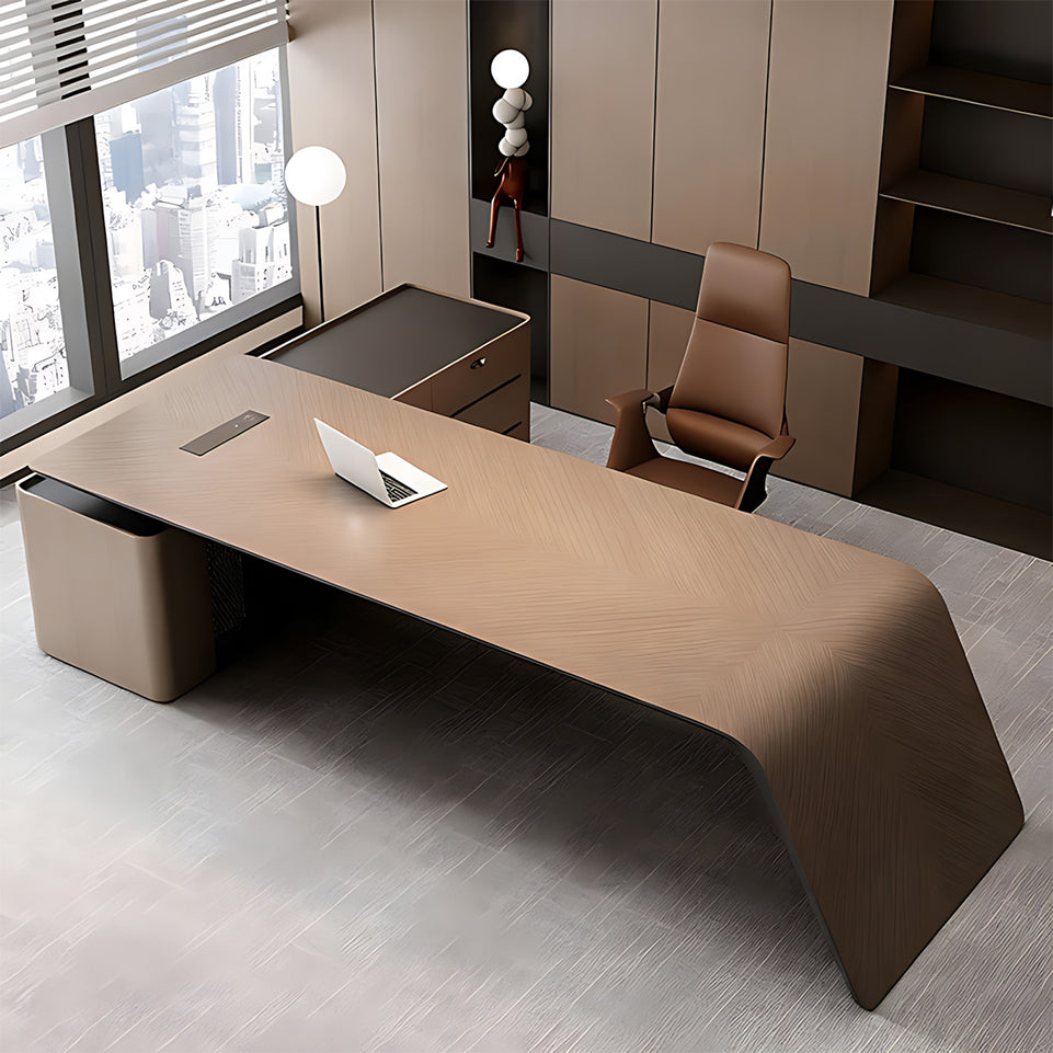 Premium Executive Desk with Double-layer Thick Desktop, Natural Wood Grain Finish, Dual-side Cable Box & Storage Cabinet for Professional Workspaces (71–126" L)