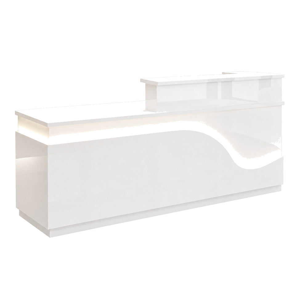 Stylish Reception Desk with Dual-level Countertop, LED Ambient Lighting, Cable Grommet & Lockable Storage Drawer for Commercial Spaces (47–118" L)
