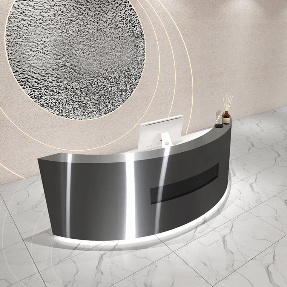 Premium Stainless Steel Reception Desk with Dual-level Countertop, Lockable Storage Cabinets, Silent Keyboard Tray & Vintage Drawer Handles for Modern Commercial Spaces