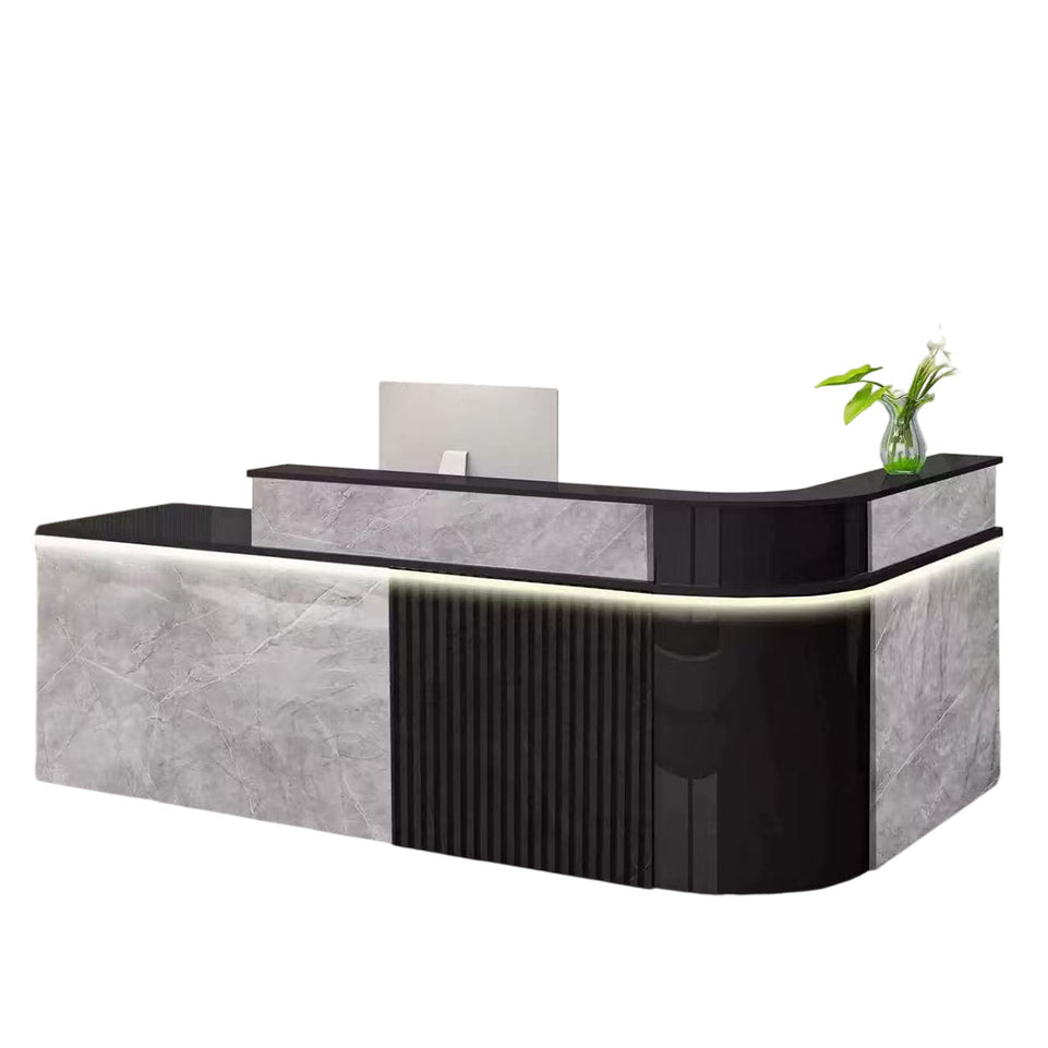Sophisticated Reception Desk with Dual-level Countertop, Rounded Corners, Silent Keyboard Tray & Lockable Storage Cabinet for Education & Salon Spaces (47-157" L)
