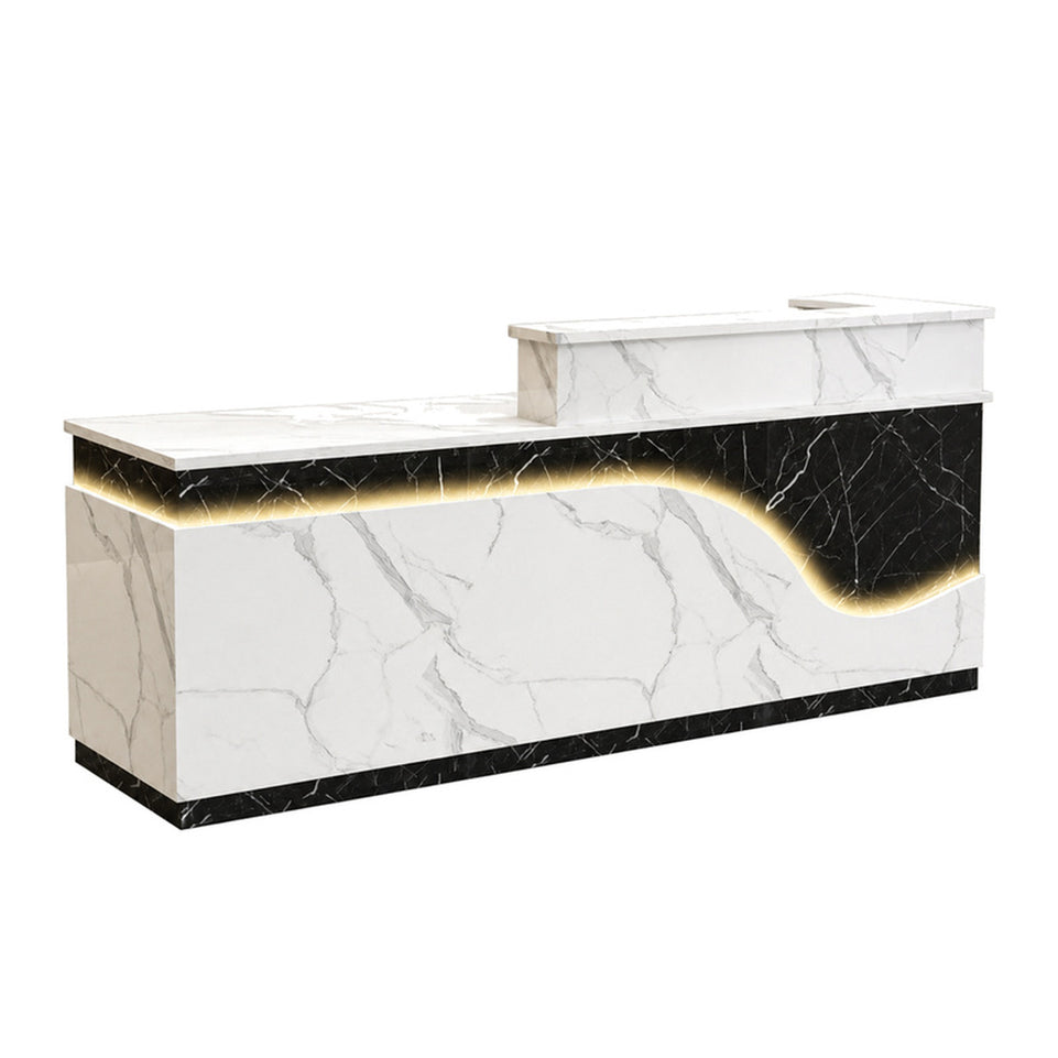 Stylish Reception Desk with Dual-level Countertop, LED Ambient Lighting, Cable Grommet & Lockable Storage Drawer for Commercial Spaces (47–118" L)