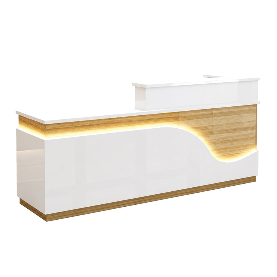 Stylish Reception Desk with Dual-level Countertop, LED Ambient Lighting, Cable Grommet & Lockable Storage Drawer for Commercial Spaces (47–118" L)
