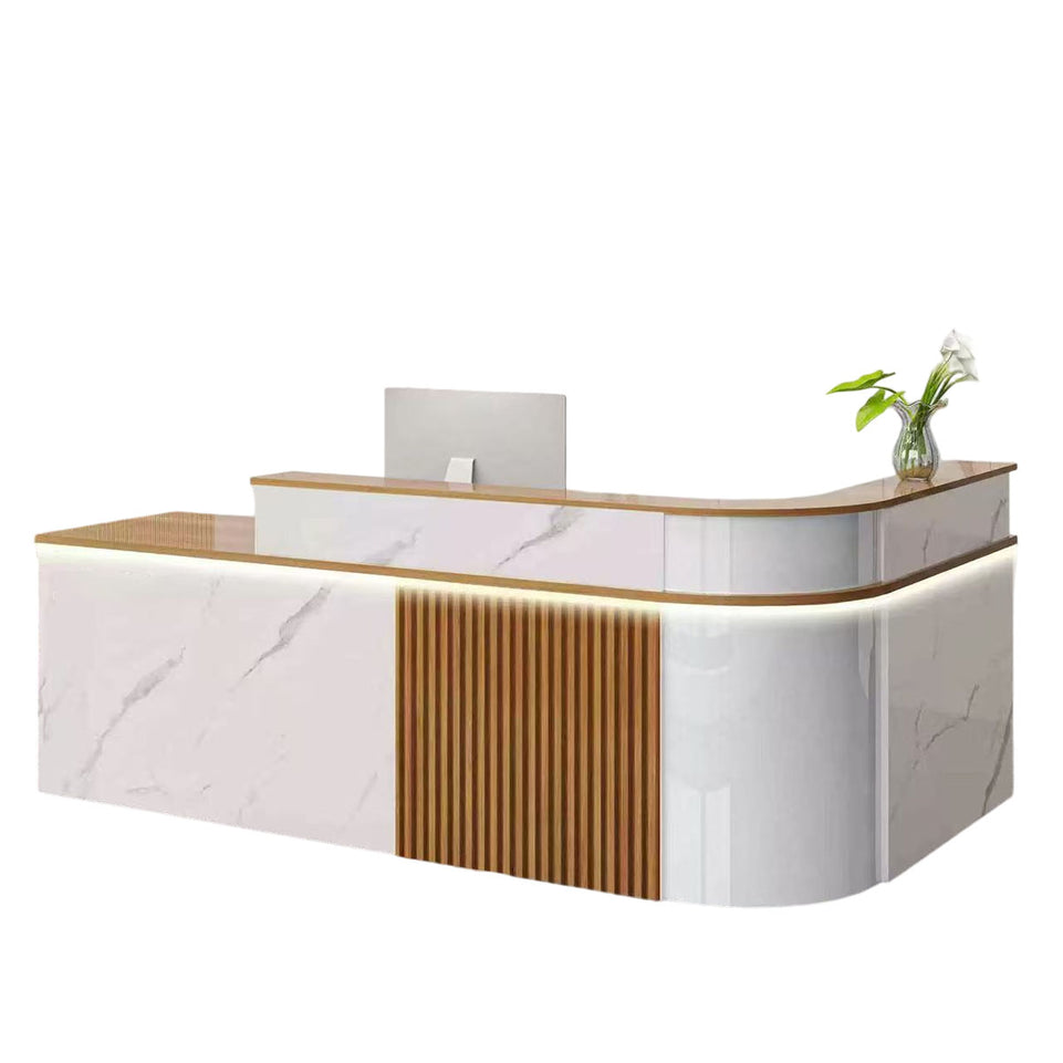 Sophisticated Reception Desk with Dual-level Countertop, Rounded Corners, Silent Keyboard Tray & Lockable Storage Cabinet for Education & Salon Spaces (47-157" L)
