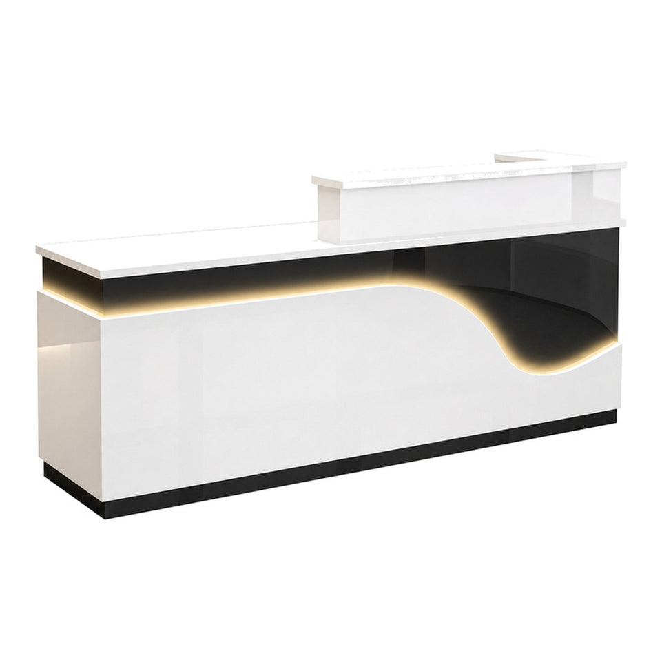 Stylish Reception Desk with Dual-level Countertop, LED Ambient Lighting, Cable Grommet & Lockable Storage Drawer for Commercial Spaces (47–118" L)