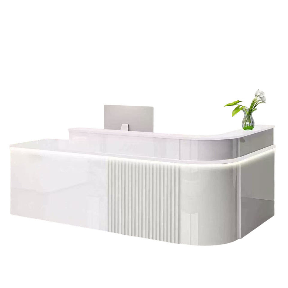 Sophisticated Reception Desk with Dual-level Countertop, Rounded Corners, Silent Keyboard Tray & Lockable Storage Cabinet for Education & Salon Spaces (47-157" L)