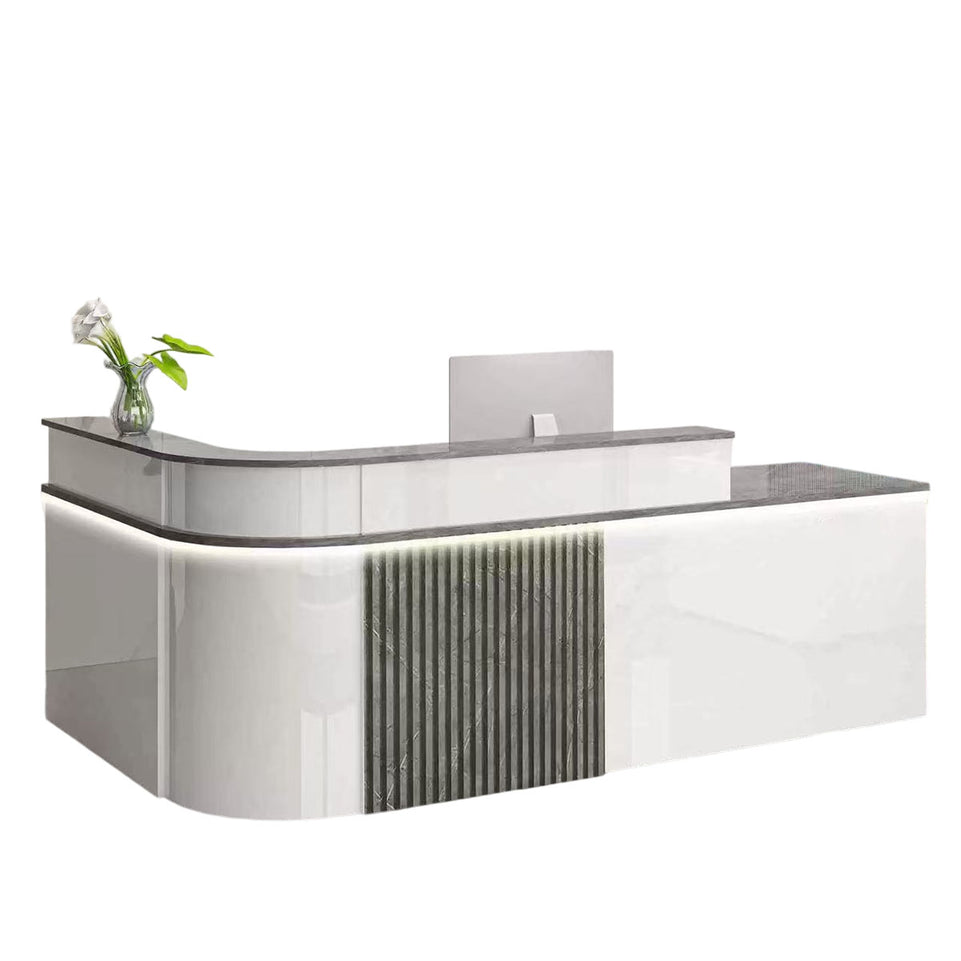 Sophisticated Reception Desk with Dual-level Countertop, Rounded Corners, Silent Keyboard Tray & Lockable Storage Cabinet for Education & Salon Spaces (47-157" L)