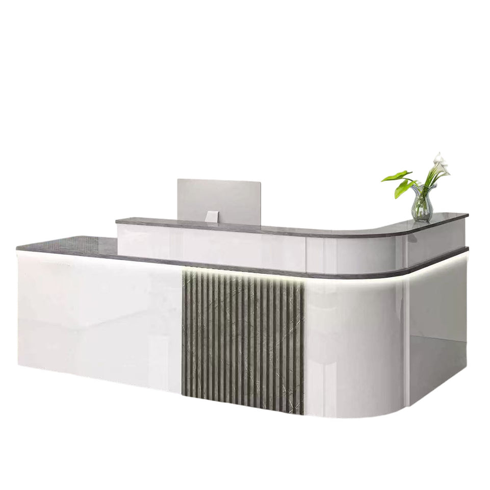 Sophisticated Reception Desk with Dual-level Countertop, Rounded Corners, Silent Keyboard Tray & Lockable Storage Cabinet for Education & Salon Spaces (47-157" L)