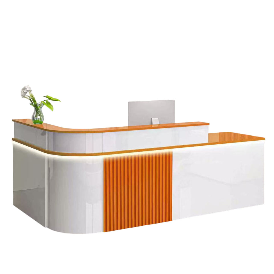 Sophisticated Reception Desk with Dual-level Countertop, Rounded Corners, Silent Keyboard Tray & Lockable Storage Cabinet for Education & Salon Spaces (47-157" L)