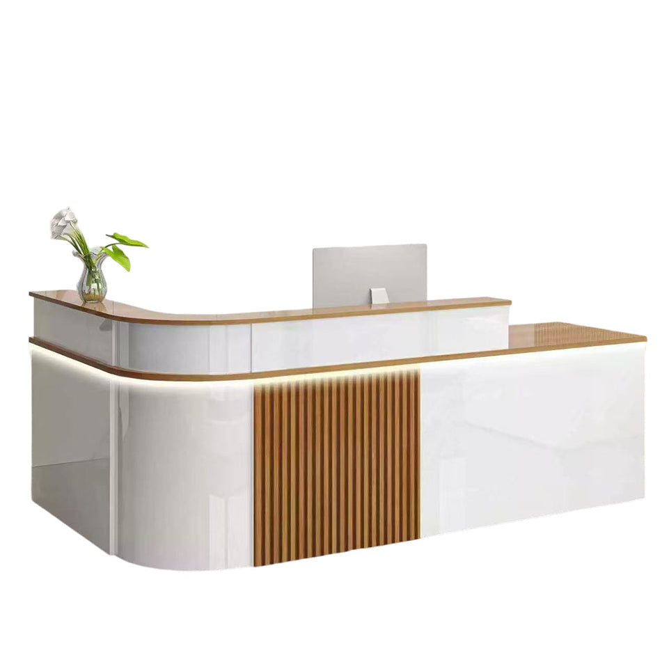 Sophisticated Reception Desk with Dual-level Countertop, Rounded Corners, Silent Keyboard Tray & Lockable Storage Cabinet for Education & Salon Spaces (47-157" L)
