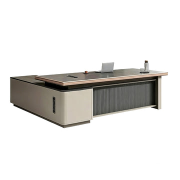 Modern Executive Desk with Wireless Charging, Built-In Outlets & Side Storage