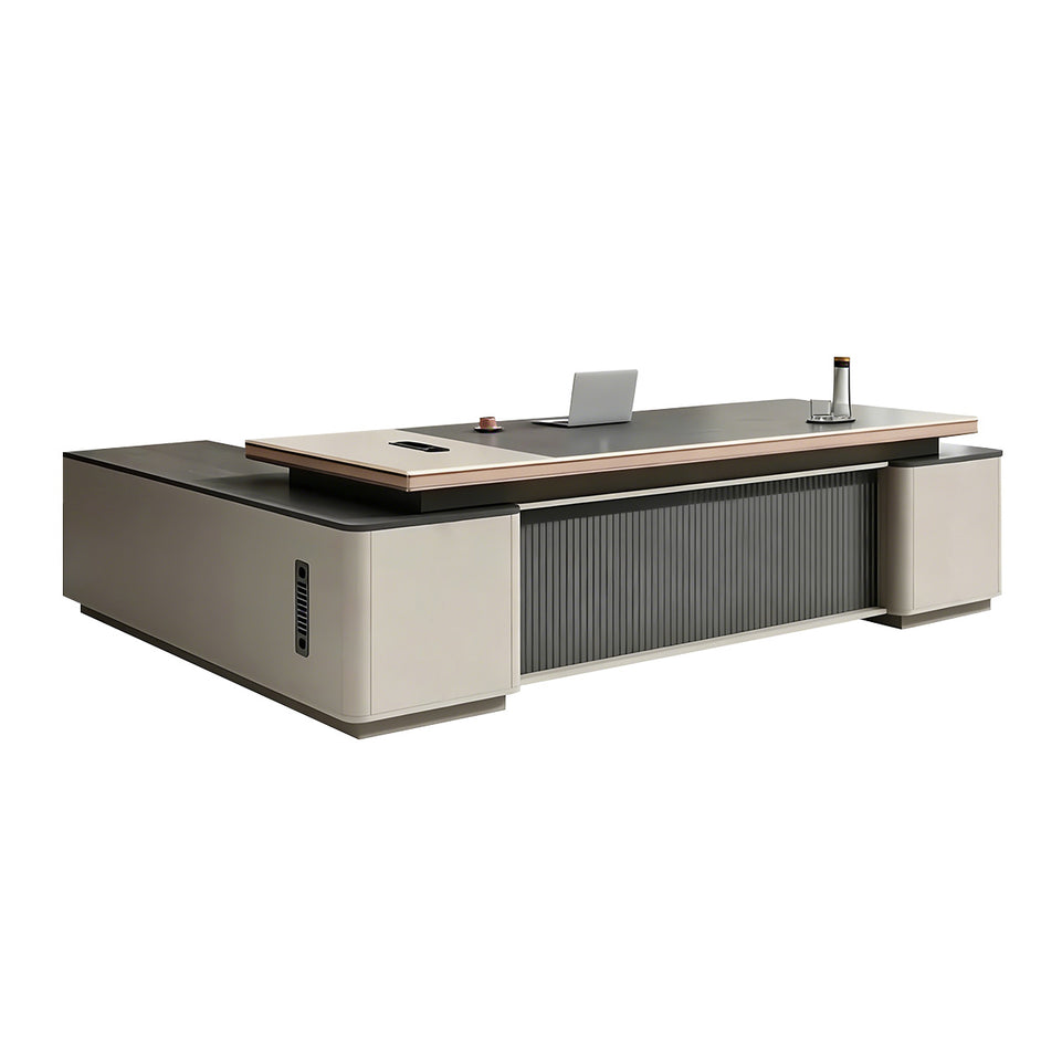 Modern Executive Desk with Wireless Charging, Built-In Outlets & Side Storage