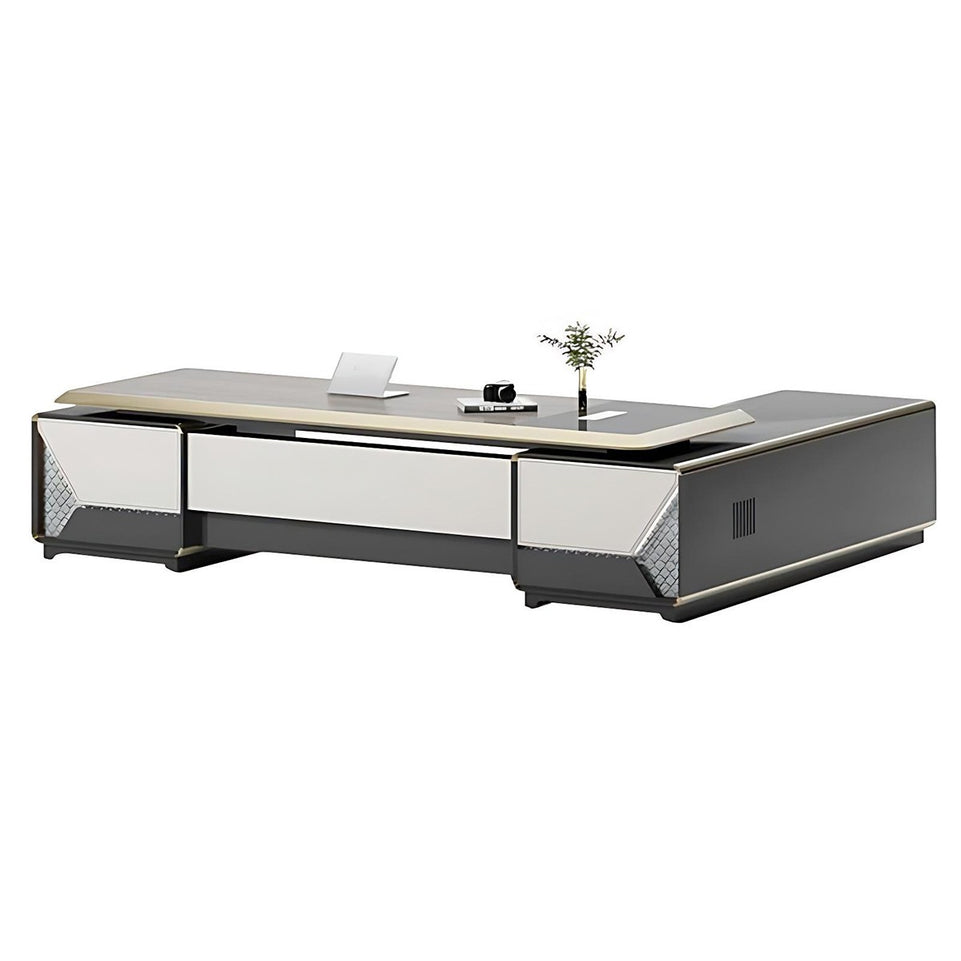 Luxury Modern Executive Desk With Pocket Handle Gray Office Desk with LED Lights Side Cabinet Customizable LBZ-1089