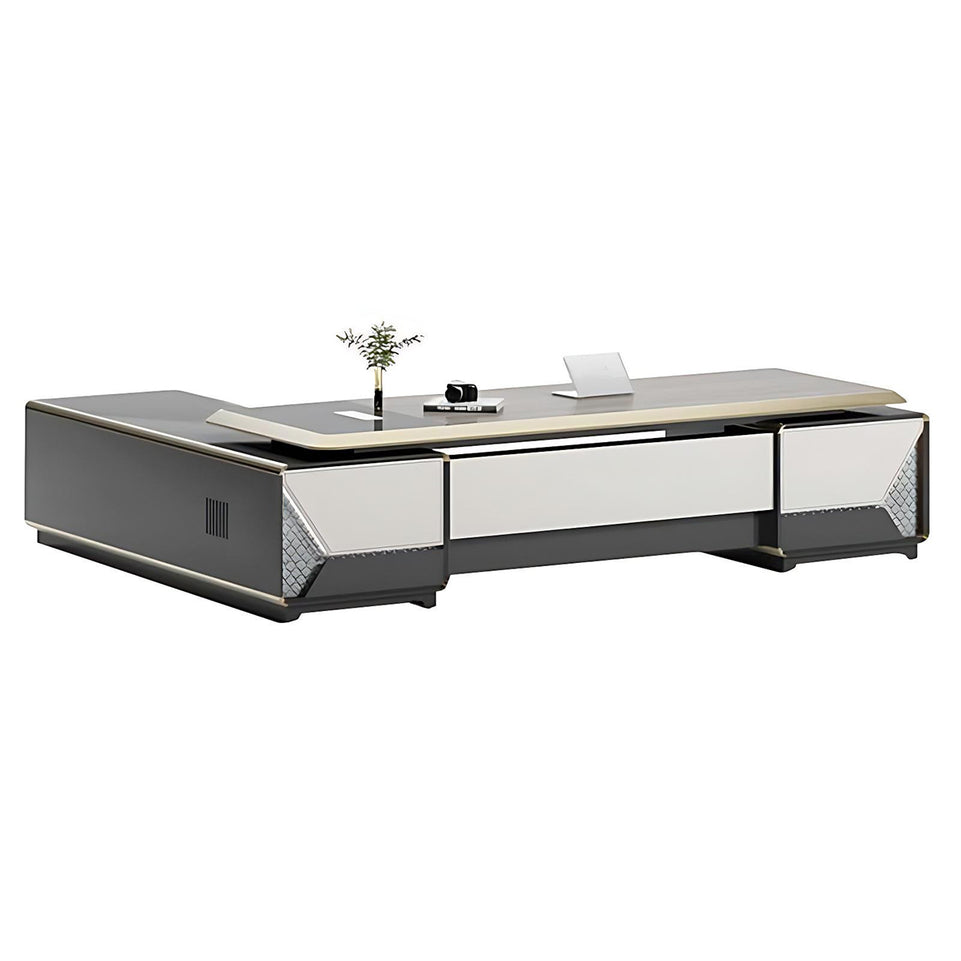 Luxury Modern Executive Desk With Pocket Handle Gray Office Desk with LED Lights Side Cabinet Customizable LBZ-1089