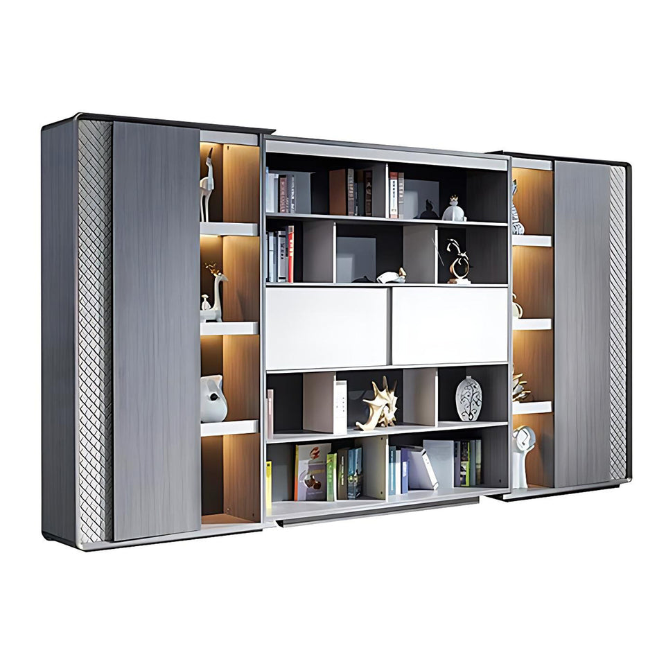 Luxury Modern Executive Desk With Pocket Handle Gray Office Desk with LED Lights Side Cabinet Customizable LBZ-1089