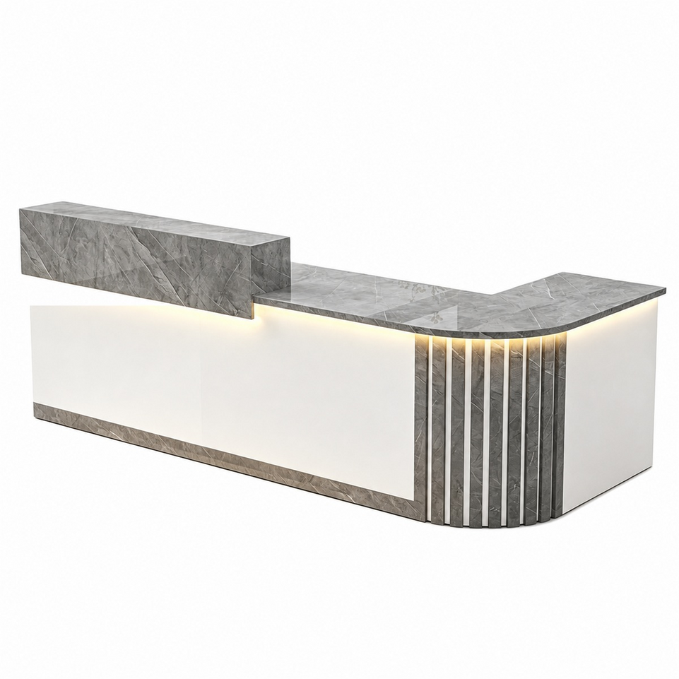 Elegant Retail Reception Desk with High-gloss Panel, LED Lighting, Wood Slat Design & Open Storage Shelves for Dessert Shops and Cafes