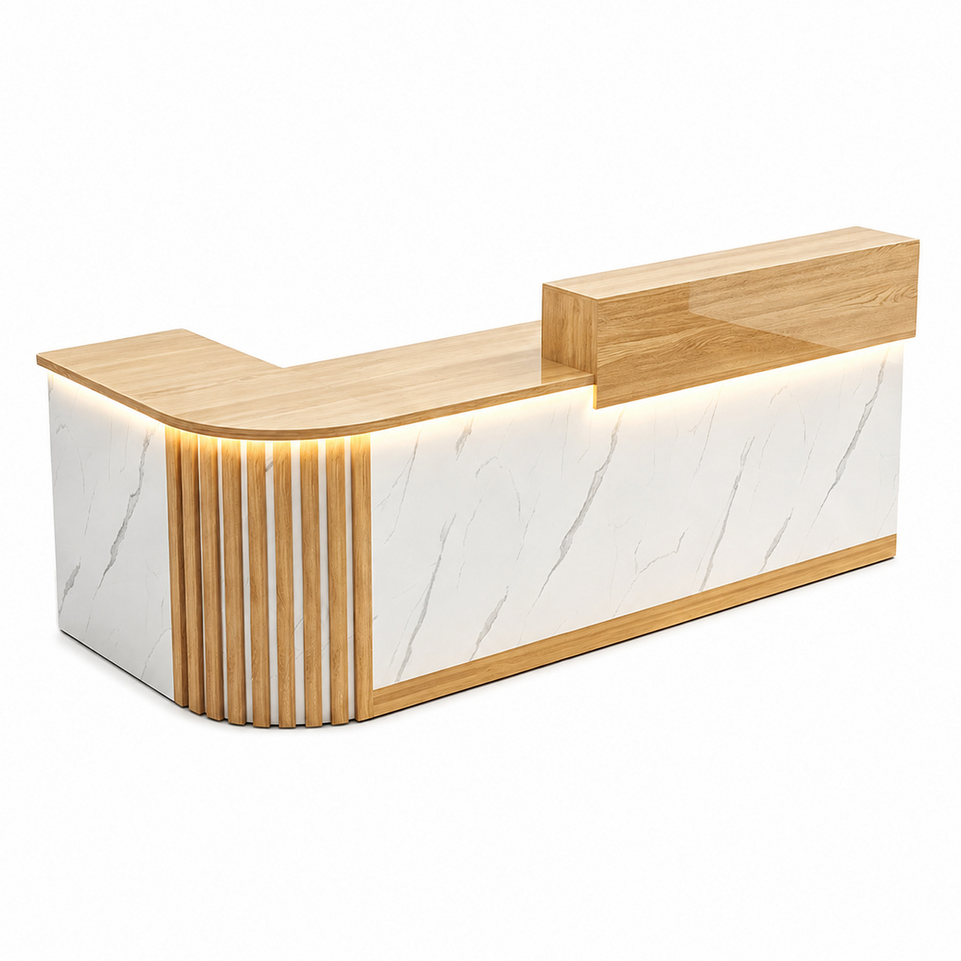 Elegant Retail Reception Desk with High-gloss Panel, LED Lighting, Wood Slat Design & Open Storage Shelves for Dessert Shops and Cafes