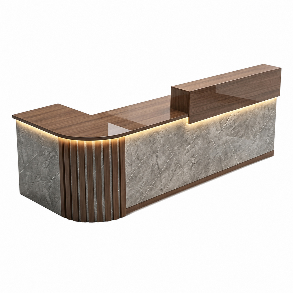 Elegant Retail Reception Desk with High-gloss Panel, LED Lighting, Wood Slat Design & Open Storage Shelves for Dessert Shops and Cafes
