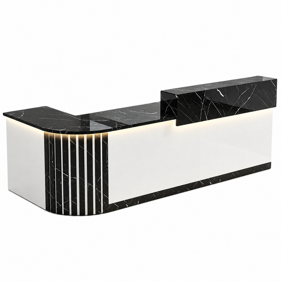 Elegant Retail Reception Desk with High-gloss Panel, LED Lighting, Wood Slat Design & Open Storage Shelves for Dessert Shops and Cafes