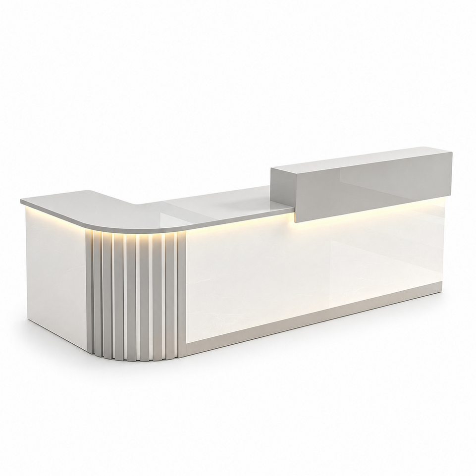Elegant Retail Reception Desk with High-gloss Panel, LED Lighting, Wood Slat Design & Open Storage Shelves for Dessert Shops and Cafes
