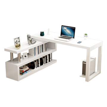 Modern Office Desk with Side Storage, Glass Top & Lumbar Support for Home Office