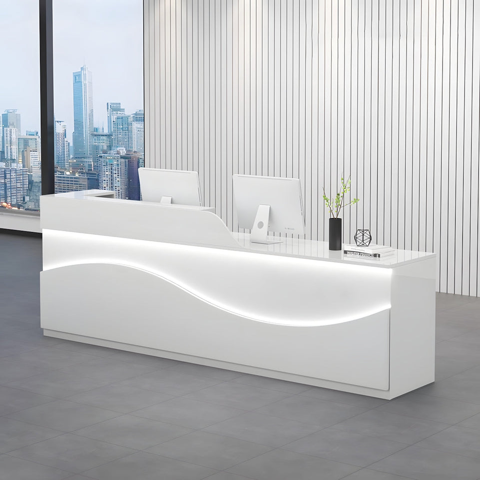 Modern Curved Reception Desk 63 in Wide with LED Accent Lighting, Lockable Drawers, Transaction Counter & Steel Frame(In Stock)