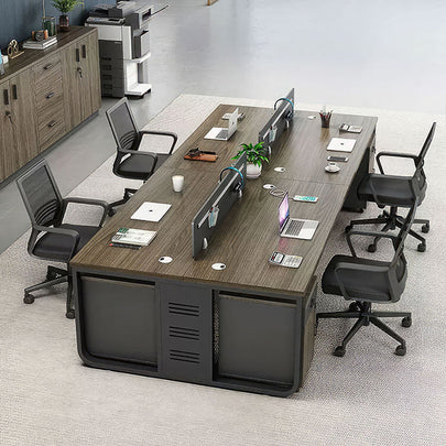 Office workstation with wood grain and privacy partition