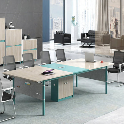 meeting table and storage cabinet in an open office
