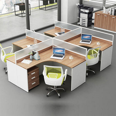 L-shaped 4-person office workstation with partition board and under-desk cabinet