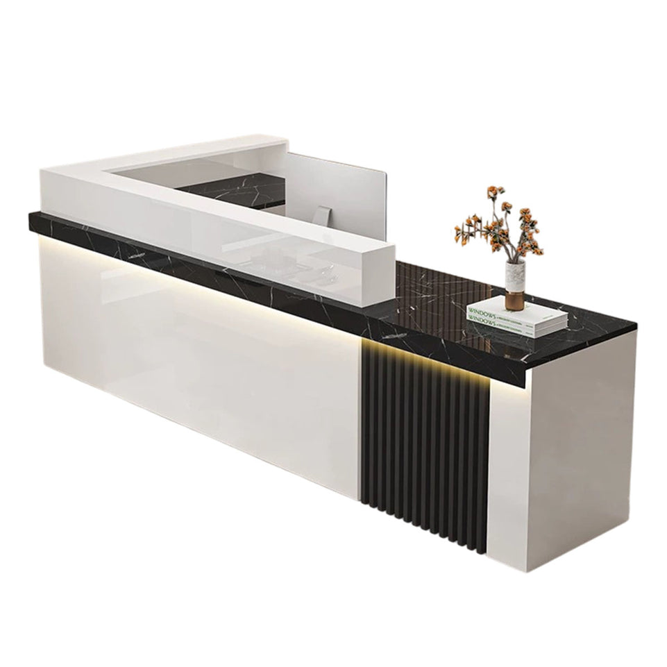 Modern Reception Desk with Dual-level Countertop, Wooden Slat Design, Cable Grommet & Lockable Storage Cabinet for Retail & Hospitality Spaces (47–157" L)